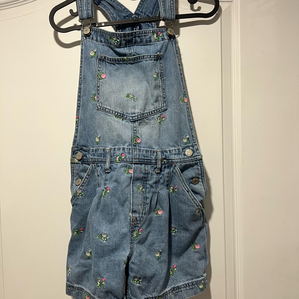 GAP Kids XXL Denim Floral Embroidered Short Overalls
